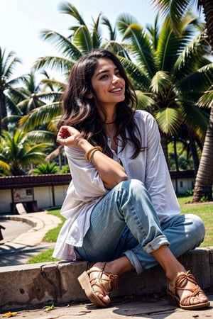  a vibrant and sunny day in a small town in Tamil Nadu. A 19-year-old girl named Meera  She is wearing a shirt and a pant , with intricate designs that catch the sunlight. Her long, dark hair is adorned , and she has a gentle smile on her face, exuding confidence and grace.