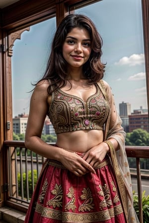  a vibrant and sunny day in a city in Tamil Nadu. A 19-year-old girl named Meera at the department store . She is wearing a lehenga, Her long, dark hair is adorned , and she has a gentle smile on her face, exuding confidence and grace.