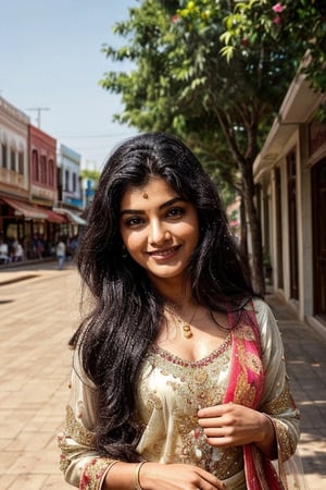  a vibrant and sunny day in a small town in Tamil Nadu. A 19-year-old girl named Meera at the mall. She is wearing beautiful dress,. Her long, dark hair is ponitail , and she has a gentle smile on her face, exuding confidence and grace.