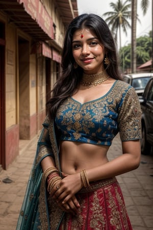  a vibrant and sunny day in a city in Tamil Nadu. A 19-year-old girl named Meera at the department store . She is wearing a blue lehenga, Her long, dark hair is adorned , and she has a gentle smile on her face, exuding confidence and grace.