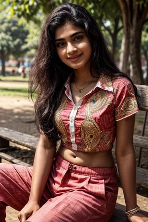  a vibrant and sunny day in a small town in Tamil Nadu. A 19-year-old girl named Meera is sitting at park. She is wearing a shirt and a pant , with intricate designs that catch the sunlight. Her long, dark hair is adorned , and she has a gentle smile on her face, exuding confidence and grace.
