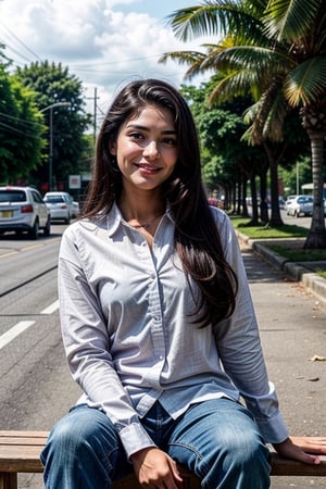  a vibrant and sunny day in a small town in Tamil Nadu. A 19-year-old girl named Meera is sitting at park. She is wearing a shirt and a pant , with intricate designs that catch the sunlight. Her long, dark hair is adorned , and she has a gentle smile on her face, exuding confidence and grace.