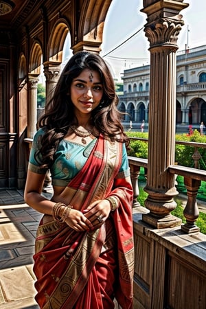  a vibrant and sunny day in a city in Tamil Nadu. A 19-year-old girl named Meera at the department store . She is wearing a saree, Her long, dark hair is adorned , and she has a gentle smile on her face, exuding confidence and grace.