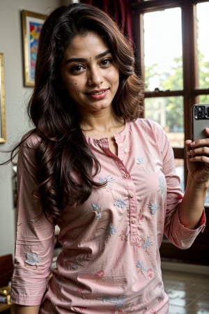  a vibrant and sunny day in a city in Tamil Nadu. A 19-year-old girl named Meera at the her room taking selfie. She is wearing a kurti , Her long, dark hair is adorned , and she has a gentle smile on her face, exuding confidence and grace.