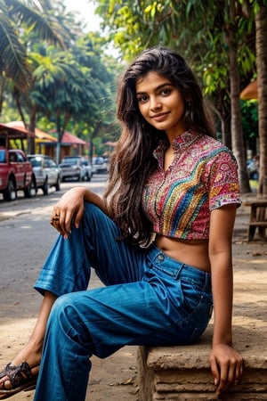  a vibrant and sunny day in a small town in Tamil Nadu. A 19-year-old girl named Meera is sitting at park. She is wearing a shirt and a pant , with intricate designs that catch the sunlight. Her long, dark hair is adorned , and she has a gentle smile on her face, exuding confidence and grace.