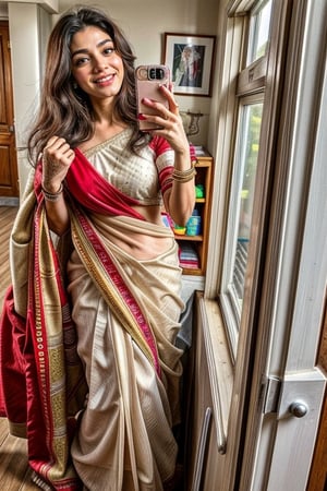  a vibrant and sunny day in a city in Tamil Nadu. A 19-year-old girl named Meera at the wedding . She is wearing a traditional saree , Her long, dark hair is adorned , and she has a gentle smile on her face, exuding confidence and grace.,Saree 