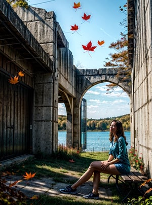 (best quality), (masterpiece), ((realistic), (detailed), beautiful woman, facing the viewer, sitting on a bench, lake with ruins in background, futurestic, falling leaf, (masterpiece), absurdres, HDR,dark studio