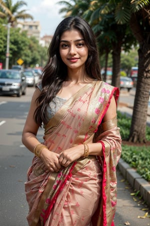  a vibrant and sunny day in a city in Tamil Nadu. A 19-year-old girl named Meera at the wedding . She is wearing a traditional saree , Her long, dark hair is adorned , and she has a gentle smile on her face, exuding confidence and grace.,Saree 