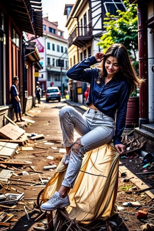  a vibrant and sunny day in a small town in Tamil Nadu. A 19-year-old girl named Meera  She is wearing a shirt and a pant , with intricate designs that catch the sunlight. Her long, dark hair is adorned , and she has a gentle smile on her face, exuding confidence and grace.