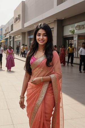  a vibrant and sunny day in a city in Tamil Nadu. A 19-year-old girl named rashmika mandana at the mall . Her long, dark hair is adorned ,wearing  a saree and she has a gentle smile on her face, exuding confidence and grace.