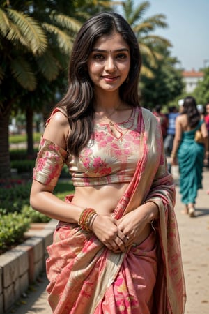  a vibrant and sunny day in a city in Tamil Nadu. A 19-year-old girl named Meera at the wedding . She is wearing a traditional saree , Her long, dark hair is adorned , and she has a gentle smile on her face, exuding confidence and grace.,Saree 