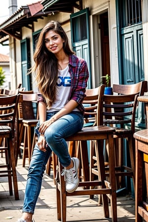  a vibrant and sunny day in a small town in Tamil Nadu. A 19-year-old girl named Meera  She is wearing a shirt and a pant , with intricate designs that catch the sunlight. Her long, dark hair is adorned , and she has a gentle smile on her face, exuding confidence and grace.