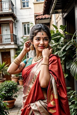  a vibrant and sunny day in a city in Tamil Nadu. A 19-year-old girl named Meera at the wedding . She is wearing a traditional saree , Her long, dark hair is adorned , and she has a gentle smile on her face, exuding confidence and grace.,Saree 