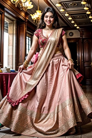  a vibrant and sunny day in a city in Tamil Nadu. A 19-year-old girl named Meera at the department store . She is wearing a pink lehenga, Her long, dark hair is adorned , and she has a gentle smile on her face, exuding confidence and grace.