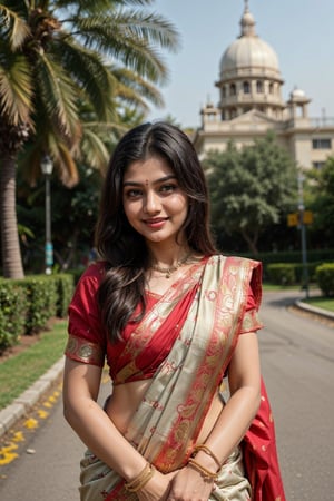  a vibrant and sunny day in a city in Tamil Nadu. A 19-year-old girl named Meera at the wedding . She is wearing a traditional saree , Her long, dark hair is adorned , and she has a gentle smile on her face, exuding confidence and grace.,Saree 