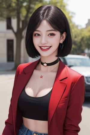 photography of a 20yo woman, masterpiece, black short hair, RED crop top with blazer star choker, daisydukes
,photorealistic,analog,realism, A radiant girl beaming with a genuine smile, spreading joy and positivity wherever she go,