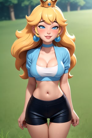 (sabucartoon:1.3), best quality, masterpiece, detailed background, highly detailed, intricate, detailed face, long eyelashes, detailed eyes, (standing:1.1), (thick thighs:1.0), (large breasts:1.1), (grassy fields:1.3), (one girl:1.2), (1girl:1.1), (solo:1.4), (princess peach:1.1), (light blue eyes:1.2), (blonde hair:1.1), (long hair, messy hair:1.2), (thick lips:1.3), (crown, blue earrings:1.2), (white choker:1.1), (pale skin:1.0), (shining crop top, shining shorts skirt:1.3), (thigh gap:1.4), (stomach, navel), (cleavage:1.3), (sweat:1.2) (groin:1.3), (light smile, blush, nose blush:1.1), (half-closed eyes:1.2),3DMM,