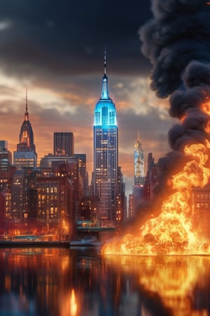 (((masterpiece))), (((New York City completely engulfed in flames))), ((all buildings on fire)), (flames that reach the heavens buring every inch of New York City Skyline)), (perspective shot), complex 3d render, intricate reflections, ultra-detailed, HDR, Hyperrealism, sharp focus, Panasonic Lumix s pro 50mm, 8K, octane rendering, raytracing, (((professional photography))), high definition, photorealism, hyper-realistic, bokeh, depth of field, dynamically backlit, sharp edges, studio, vibrant details, ((professional Color grading)), photorealistic ,fire element