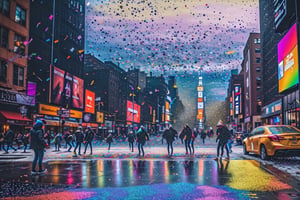 (((masterpiece))), (((New York City is having a confetti storm with colorful shiny metallic confetti raining down on people walking on the sidewalks))), ((beautiful sky full of rainbow color of confetti falling from the sky)), complex 3d render, intricate reflections, ultra-detailed, HDR, Hyperrealism, Panasonic Lumix s pro 50mm, 8K, octane rendering, raytracing, (((professional photography))), high definition, photorealism, hyper-realistic, bokeh, depth of field, dynamically backlit, studio, vibrant details, ((professional Color grading)), photorealistic ,aw0k euphoric style,more detail XL
