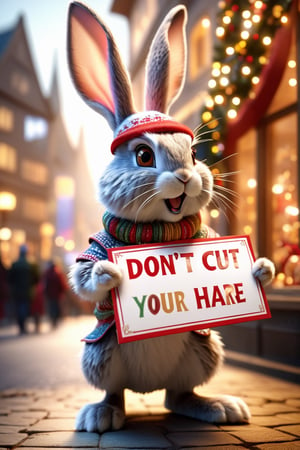 (((masterpiece))), ((Angry rabbit)), (((holding a sign with the text: "Dont cut your hare"))), ((background:rabbits protesting with signs)), complex 3d render, intricate reflections, ultra-detailed, HDR, Hyperrealism, Panasonic Lumix s pro 50mm, 8K, octane rendering, raytracing, (((professional photography))), high definition, photorealism, hyper-realistic, bokeh, depth of field, dynamically backlit,  studio, vibrant details, ((professional Color grading)), photorealistic ,detailmaster2,photorealistic, sharp edges,  sharp focus ,christmas,happy_christmas_background,aw0k euphoric style,Text