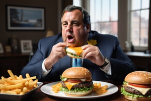 (((masterpiece))), ((Chris Christie stuffing his face with cheeseburgers))), ((chris christie eating a plate full of cheeseburgers)), complex 3d render, intricate reflections, ultra-detailed, HDR, Hyperrealism, sharp focus, Panasonic Lumix s pro 50mm, 8K, octane rendering, raytracing, (((professional photography))), high definition, photorealism, hyper-realistic, bokeh, depth of field, dynamically backlit, sharp edges, studio, vibrant details, ((professional Color grading)), photorealistic ,detailmaster2,photorealistic,mimico
