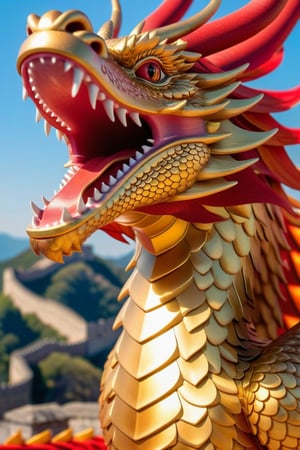 (((Beautiful female Golden Dragon with bright red leather intricate scales breathing red and gold flames shooting from her mouth))), large gold and red wings with beautiful shadows and details spread out ready to take flight, (((perspective shot))), (background:great wall of china), complex 3d render, intricate reflections, Intricate shadows, cinematic, ultra-detailed, HDR, Hyperrealism, professional photography, backlit, sharp focus, Panasonic Lumix s pro 50mm, 8K, octane rendering, raytracing, intricate shadows, (((professional photography))), high definition, photorealism, hyper-realistic, bokeh, depth of field, HDR, dynamically backlit, sharp focus, sharp edges, studio soft light, rim light, vibrant details, luxurious, photorealistic, more detail XL,Chinese Dragon