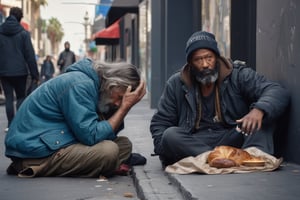 (((masterpiece))), (((homeless people in the streets of Los Angelos waiving at the camera, (depressing and sad scene of dirty and homeless people wanting food to eat, waiving "hi to 2024",  complex 3d render, intricate reflections, ultra-detailed, HDR, Hyperrealism, Panasonic Lumix s pro 50mm, 8K, octane rendering, raytracing, (((professional photography))), high definition, photorealism, hyper-realistic, bokeh, depth of field, dynamically backlit, studio, vibrant details, ((professional Color grading)), photorealistic , monster,,,monsterdiversity",darkart