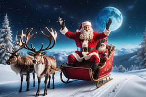 "(((masterpiece))), (((Santa Claus Waving Goodbye To 2023 while flying away in his sleigh pulled by 10 reindeer into the star cast night))), ((Santa Claus smiling at the camera)), it is a beautiful night with comets in the sky and colorful stars twinkling in the background, complex 3d render, intricate reflections, ultra-detailed, HDR, Hyperrealism, Panasonic Lumix s pro 50mm, 8K, octane rendering, raytracing, (((professional photography))), high definition, photorealism, hyper-realistic, bokeh, depth of field, dynamically backlit, studio, vibrant details, ((professional Color grading)), photorealistic , monster,,,monsterdiversity"