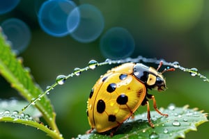 (((masterpiece))), (((Raindrops still photography))), (((raindrops still action photography))), ((capture the intricate raindrop falling from the sky with the reflection of the forest inside the raindrops)), background:beautiful bright green forest, ((BLUE and Yellow ladybug)), (Yellow Ladybug), (close up shot), Miki Asai Macro photography, trending on artstation, sharp focus, studio photo, intricate details, highly detailed,))), complex 3d render, intricate reflections, ultra-detailed, HDR, Hyperrealism, Panasonic Lumix s pro 50mm, 8K, octane rendering, raytracing, (((professional photography))), high definition, photorealism, hyper-realistic, bokeh, depth of field, dynamically backlit, studio, vibrant details, ((professional Color grading)), photorealistic ,aw0k euphoric style,more detail XL