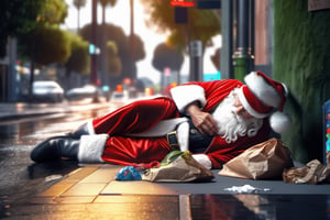(((masterpiece))), (((extremely depressing scene of homeless santa claus sleeping on the sidewalk of los angelos))), (HIS SANTA SUIT IS DIRTY), (depressing scene of HOMELESS SANTA CLAUS digging into the trash cans looking for food), (it is a gothic scene of despair),  complex 3d render, intricate reflections, ultra-detailed, HDR, Hyperrealism, Panasonic Lumix s pro 50mm, 8K, octane rendering, raytracing, (((professional photography))), high definition, photorealism, hyper-realistic, bokeh, depth of field, dynamically backlit, studio, vibrant details, ((professional Color grading)), photorealistic , monster,,,monsterdiversity",darkart,DonMn1ghtm4reXL