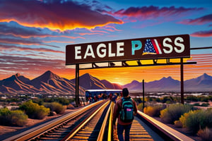 ((masterpiece photography)), ((Immigration across the Mexican Border in to Texas))), ((( migrants sneaking into the USA))), (((overhead sign that says, "Eagle Pass Texas"))),  ((Beautiful Sunset), complex 3d render, intricate reflections, ultra-detailed, HDR, Hyperrealism, sharp focus, Panasonic Lumix s pro 50mm, 8K, octane rendering, raytracing, (((professional photography))), high definition, photorealism, hyper-realistic, bokeh, depth of field, dynamically backlit, sharp edges, studio, vibrant details, ((professional Color grading)), photorealistic , detailmaster2, (photo realistic), (Sharp Focus) 