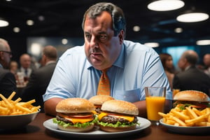 (((masterpiece))), ((Chris Christie stuffing his face with cheeseburgers))), ((chris christie eating a plate full of cheeseburgers)), complex 3d render, intricate reflections, ultra-detailed, HDR, Hyperrealism, sharp focus, Panasonic Lumix s pro 50mm, 8K, octane rendering, raytracing, (((professional photography))), high definition, photorealism, hyper-realistic, bokeh, depth of field, dynamically backlit, sharp edges, studio, vibrant details, ((professional Color grading)), photorealistic ,detailmaster2,photorealistic,mimico