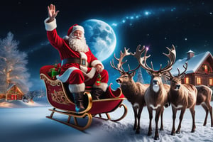 "(((masterpiece))), (((Santa Claus Waving Goodbye To 2023))), ((Santa Claus smiling at the camera while flying away in his sleigh pulled by 10 reindeer into the star cast night))), it is a beautiful night with comets in the sky and colorful stars twinkling in the background, complex 3d render, intricate reflections, ultra-detailed, HDR, Hyperrealism, Panasonic Lumix s pro 50mm, 8K, octane rendering, raytracing, (((professional photography))), high definition, photorealism, hyper-realistic, bokeh, depth of field, dynamically backlit, studio, vibrant details, ((professional Color grading)), photorealistic , monster,,,monsterdiversity"