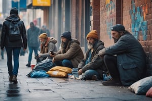 (((masterpiece))), (((homeless people in the streets of Los Angelos waiving at the camera, (depressing and sad scene of dirty and homeless people wanting food to eat, waiving "hi to 2024",  complex 3d render, intricate reflections, ultra-detailed, HDR, Hyperrealism, Panasonic Lumix s pro 50mm, 8K, octane rendering, raytracing, (((professional photography))), high definition, photorealism, hyper-realistic, bokeh, depth of field, dynamically backlit, studio, vibrant details, ((professional Color grading)), photorealistic , monster,,,monsterdiversity"