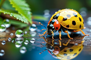 (((masterpiece))), (((Raindrops still photography))), (((raindrops still action photography))), ((capture the intricate raindrop falling from the sky with the reflection of the forest inside the raindrops)), background:beautiful bright green forest, ((BLUE and Yellow ladybug)), (Yellow Ladybug), (close up shot), Miki Asai Macro photography, trending on artstation, sharp focus, studio photo, intricate details, highly detailed,))), complex 3d render, intricate reflections, ultra-detailed, HDR, Hyperrealism, Panasonic Lumix s pro 50mm, 8K, octane rendering, raytracing, (((professional photography))), high definition, photorealism, hyper-realistic, bokeh, depth of field, dynamically backlit, studio, vibrant details, ((professional Color grading)), photorealistic ,aw0k euphoric style,more detail XL