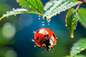 (((masterpiece))), (((Raindrops still photography))), (((raindrops still action photography))), ((capture the intricate raindrop falling from the sky with the reflection of the forest inside the raindrops)), background:beautiful bright green forest, ((BLUE ladybug)), (Yellow Ladybug),  Miki Asai Macro photography, trending on artstation, sharp focus, studio photo, intricate details, highly detailed,))), complex 3d render, intricate reflections, ultra-detailed, HDR, Hyperrealism, Panasonic Lumix s pro 50mm, 8K, octane rendering, raytracing, (((professional photography))), high definition, photorealism, hyper-realistic, bokeh, depth of field, dynamically backlit, studio, vibrant details, ((professional Color grading)), photorealistic ,aw0k euphoric style,more detail XL