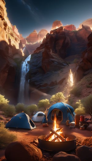 (((Masterpiece))), (((professional photography))), (Camping within the Grand Canyon),((ground perspective shot,)), (((family camping in the GRAND CANYON at sunset)), children are playing around the campfire and the light reflects off the tents from the setting sun, beautiful complex rock formations surround the family, complex 3d render, intricate reflections, ultra-detailed, HDR, Hyperrealism, sharp focus, Panasonic Lumix s pro 50mm, 8K, octane rendering, raytracing, (((professional photography))), high definition, photorealism, hyper-realistic, bokeh, depth of field, dynamically backlit, sharp edges, studio, vibrant details, ((professional Color grading)), photorealistic ,Movie Still,Renaissance Sci-Fi Fantasy