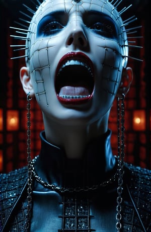 (((masterpiece))), (((style:hellraiser movie))), ((background:chains hanging from the ceiling)), ((her face looks like pinhead from hellraiser movie)), horror she as (c1bo:1.1),geometric patterns,red (fish roe half face:1.45), elegance, cyborg,Architectural Digest Fashion Feature, strong makeup urban skyline backdrop, (((liquid illumination:1.2))), (synthetic transparent:1.1), transculent brain, full body, walking, (detailed face:1.05),, complex 3d render, intricate reflections, ultra-detailed, HDR, Hyperrealism, sharp focus, Panasonic Lumix s pro 50mm, 8K, octane rendering, raytracing, (((professional photography))), high definition, photorealism, hyper-realistic, bokeh, depth of field, dynamically backlit, sharp edges, studio, vibrant details, ((professional Color grading)), photorealistic ,detailmaster2,photorealistic,mimico,skirtlift,Sitting blowjob,deepthroat / cum / hands on another's head / pov hands / head grab,blowjob,1boy