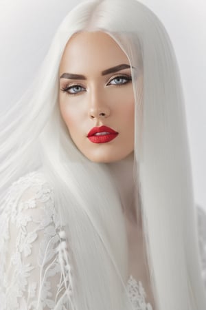 (((masterpiece))), (( A creepy yet intriguing digital illustration portrait of a albino pale young girl)), (((pure white very long straight hair))), psychedelic long hair, She wears a seductive white lace outfit with white fur accents, embodying the essence of allure and sensuality, (iridescent GREY EYES), (((ruby red lips))), complex 3d render, intricate reflections, ultra-detailed, HDR, Hyperrealism, Panasonic Lumix s pro 50mm, 8K, octane rendering, raytracing, (((professional photography))), high definition, photorealism, hyper-realistic, bokeh, depth of field, dynamically backlit,  studio, vibrant details, ((professional Color grading)), photorealistic ,detailmaster2,photorealistic, sharp edges,  sharp focus ,latexsuit,Detailedface,photo of perfecteyes eyes,perfecteyes eyes,valent_1314