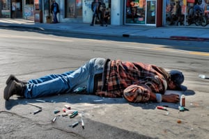 (((masterpiece))), (((drug use in the streets of Los Angelos people shooting up drugs on the sidewalk))), ((homeless people laying in the street with hypodermic needles laying everywhere)), (the streets look like an epidemic of drug use of zombie looking people),  complex 3d render, intricate reflections, ultra-detailed, HDR, Hyperrealism, Panasonic Lumix s pro 50mm, 8K, octane rendering, raytracing, (((professional photography))), high definition, photorealism, hyper-realistic, bokeh, depth of field, dynamically backlit, studio, vibrant details, ((professional Color grading)), photorealistic , 