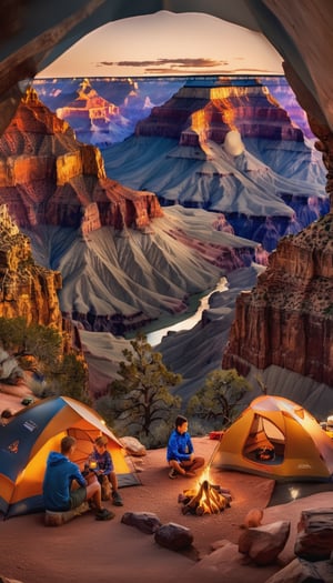 (((Masterpiece))), (((professional photography))), (Camping within the Grand Canyon),((ground perspective shot,)), (((family camping in the GRAND CANYON at sunset)), children are playing around the campfire and the light reflects off the tents from the setting sun, beautiful complex rock formations surround the family, complex 3d render, intricate reflections, ultra-detailed, HDR, Hyperrealism, sharp focus, Panasonic Lumix s pro 50mm, 8K, octane rendering, raytracing, (((professional photography))), high definition, photorealism, hyper-realistic, bokeh, depth of field, dynamically backlit, sharp edges, studio, vibrant details, ((professional Color grading)), photorealistic ,Movie Still
