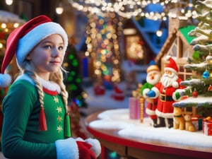 (((masterpiece))), ((Snowy Christmas scene in santas toy shop with beautiful blond haired girl facing the camera with iridescent blue eyes)), medium shot, background:snowy Christmas scene, ((Santas Elves Making Toys and christmas lights lit up around the toy shop)), (happy elves smiling and walking around toy shop enjoying the Christmas spirit), complex 3d render, intricate reflections, ultra-detailed, HDR, Hyperrealism, Panasonic Lumix s pro 50mm, 8K, octane rendering, raytracing, (((professional photography))), high definition, photorealism, hyper-realistic, bokeh, depth of field, dynamically backlit,  studio, vibrant details, ((professional Color grading)), photorealistic ,detailmaster2,photorealistic, sharp edges,  sharp focus ,christmas,happy_christmas_background