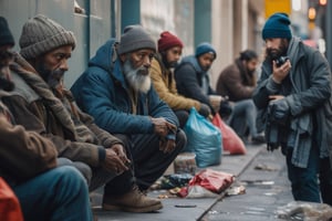 (((masterpiece))), (((homeless people in the streets of Los Angelos waiving at the camera, (depressing and sad scene of dirty and homeless people wanting food to eat, waiving "hi to 2024",  complex 3d render, intricate reflections, ultra-detailed, HDR, Hyperrealism, Panasonic Lumix s pro 50mm, 8K, octane rendering, raytracing, (((professional photography))), high definition, photorealism, hyper-realistic, bokeh, depth of field, dynamically backlit, studio, vibrant details, ((professional Color grading)), photorealistic , monster,,,monsterdiversity"