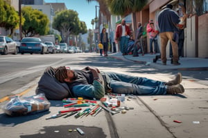 (((masterpiece))), (((drug use in the streets of Los Angelos people shooting up drugs on the sidewalk))), ((homeless people laying in the street with hypodermic needles laying everywhere)), (the streets look like an epidemic of drug use of zombie looking people),  complex 3d render, intricate reflections, ultra-detailed, HDR, Hyperrealism, Panasonic Lumix s pro 50mm, 8K, octane rendering, raytracing, (((professional photography))), high definition, photorealism, hyper-realistic, bokeh, depth of field, dynamically backlit, studio, vibrant details, ((professional Color grading)), photorealistic , 