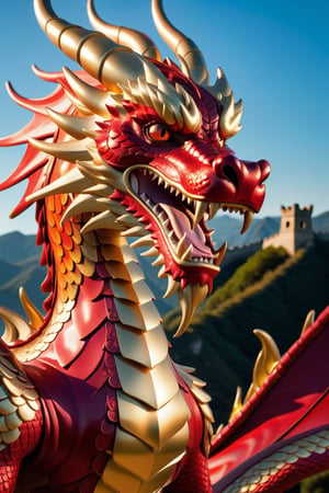 (((Beautiful female Golden Dragon with bright red leather intricate scales breathing red and gold flames shooting from her mouth))), large gold and red wings with beautiful shadows and details spread out ready to take flight, (((perspective shot))), (background:great wall of china), complex 3d render, intricate reflections, Intricate shadows, cinematic, ultra-detailed, HDR, Hyperrealism, professional photography, backlit, sharp focus, Panasonic Lumix s pro 50mm, 8K, octane rendering, raytracing, intricate shadows, (((professional photography))), high definition, photorealism, hyper-realistic, bokeh, depth of field, HDR, dynamically backlit, sharp focus, sharp edges, studio soft light, rim light, vibrant details, luxurious, photorealistic, more detail XL,Chinese Dragon,photorealistic