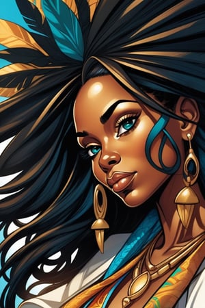 in the style of j. scott campbell, simplified and stylized portraits, close - up, dark cyan and light bronze, celebrity - portraits, bryan hitch, afro - caribbean influence, black African queen with dread locs illustration, in the style of bold and colorful compositions, dayak art, patrick brown, kind facial expression, symmetrical balance, highly detailed illustrations,YeMkAF