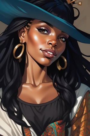 in the style of j. scott campbell, simplified and stylized portraits, close - up, dark cyan and light bronze, celebrity - portraits, bryan hitch, afro - caribbean influence, black African queen with dread locs illustration, in the style of bold and colorful compositions, dayak art, patrick brown, kind facial expression, symmetrical balance, highly detailed illustrations,YeMkAF