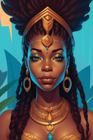 An african girl, in the style of j. scott campbell, simplified and stylized portraits, close - up, dark cyan and light bronze, celebrity - portraits, bryan hitch, afro - caribbean influence, black African queen with dread locs illustration, in the style of bold and colorful compositions, dayak art, patrick brown, kind facial expression, symmetrical balance, highly detailed illustrations, manticore