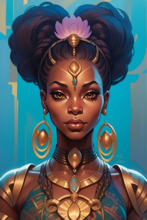 An african girl, in the style of j. scott campbell, simplified and stylized portraits, close - up, dark cyan and light bronze, celebrity - portraits, bryan hitch, afro - caribbean influence, black African queen with dread locs illustration, in the style of bold and colorful compositions, dayak art, patrick brown, kind facial expression, symmetrical balance, highly detailed illustrations, manticore,YeMkAF