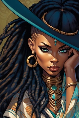 in the style of j. scott campbell, simplified and stylized portraits, close - up, dark cyan and light bronze, celebrity - portraits, bryan hitch, afro - caribbean influence, black African queen with dread locs illustration, in the style of bold and colorful compositions, dayak art, patrick brown, kind facial expression, symmetrical balance, highly detailed illustrations,YeMkAF